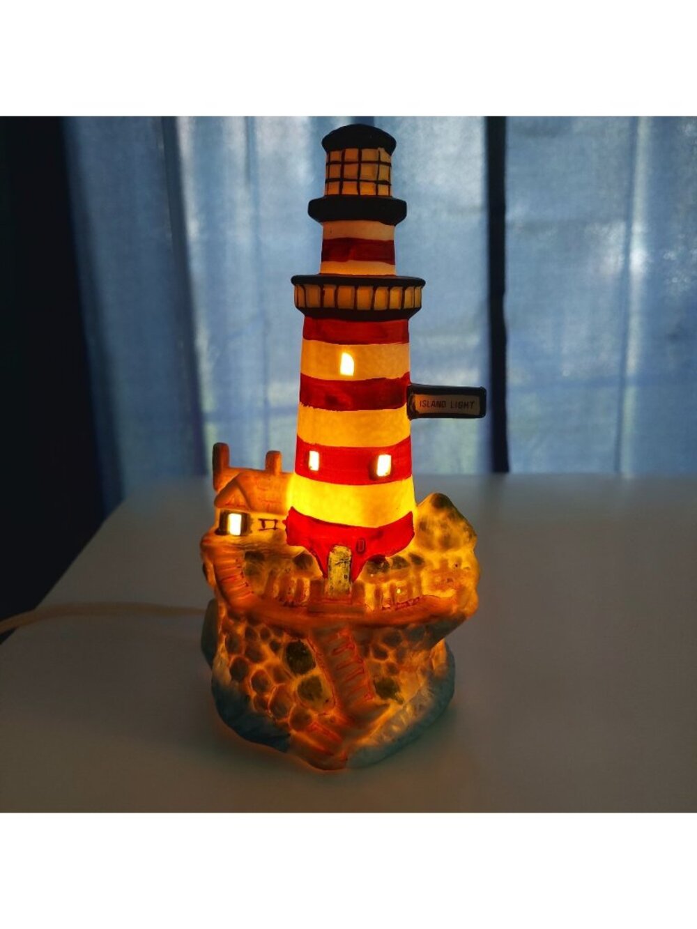 Lighthouse Light Painted Nautical Figurine Beach Figure Night Light 7"